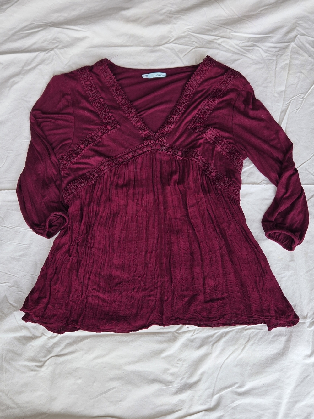 Express Women's V-Neck Lace-Trim Burgundy Top